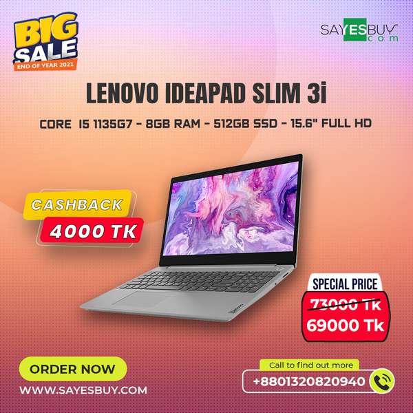 lenovo ideapad slim 3i i5 Lenovo Ideapad Slim 3i 82H800SDIN 11th Gen Intel Core i5 Laptop 15.6″ FHD Thin & Light Laptop - Image 1