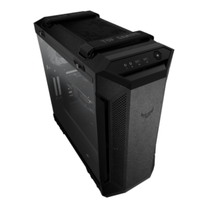 ASUS TUF Gaming GT501 case supports up to EATX with metal front panel, tempered-glass side panel, 120 mm RGB fan, 140 mm PWM fan, radiator space reserved, and USB 3.1 Gen 1 techsquare