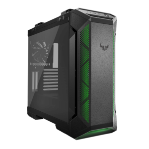 ASUS TUF Gaming GT501 case supports up to EATX with metal front panel, tempered-glass side panel, 120 mm RGB fan, 140 mm PWM fan, radiator space reserved, and USB 3.1 Gen 1 techsquare