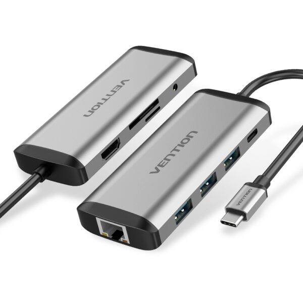 VENTION THAHB 9 IN 1 Multi-function Type-C to HDMI/USB3.0*3/TF/SD/RJ45/3.5mm/PD Docking Station 0.15m Gray Metal Type